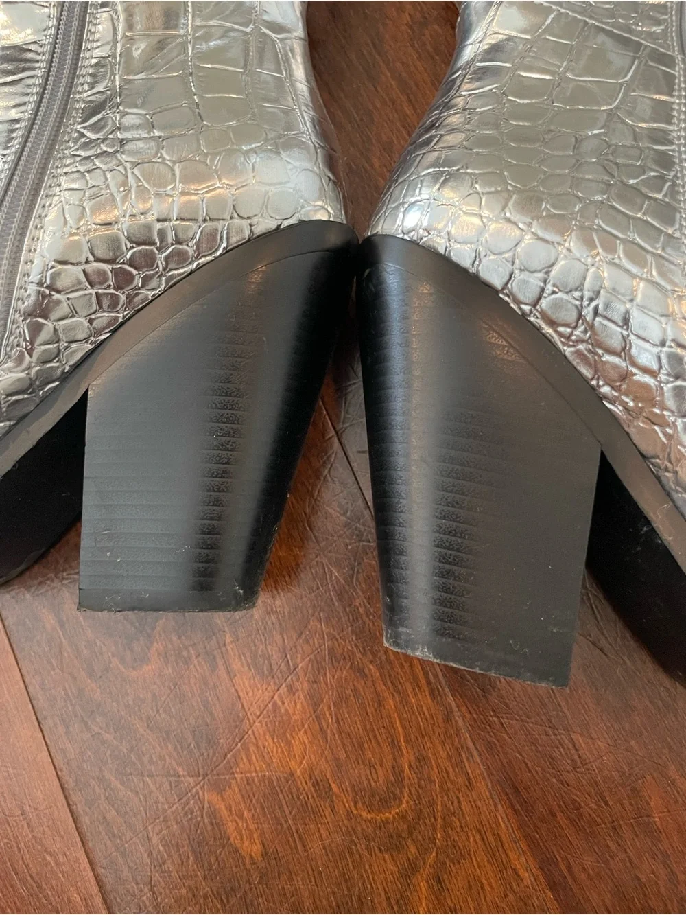 Metallic Silver Croc-Embossed Over-the-Knee Boots -Azalea Wang
